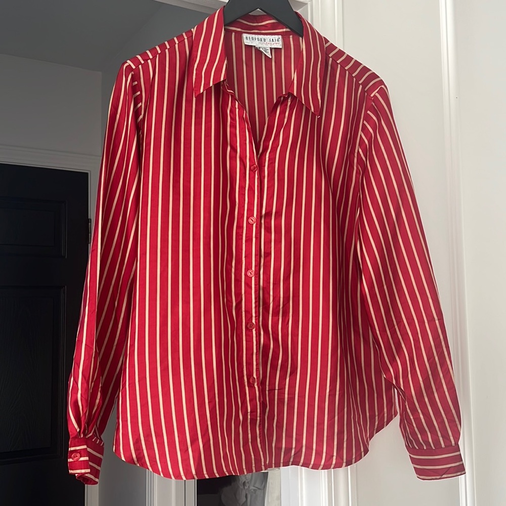 Red Silk Striped Button-Up Shirt